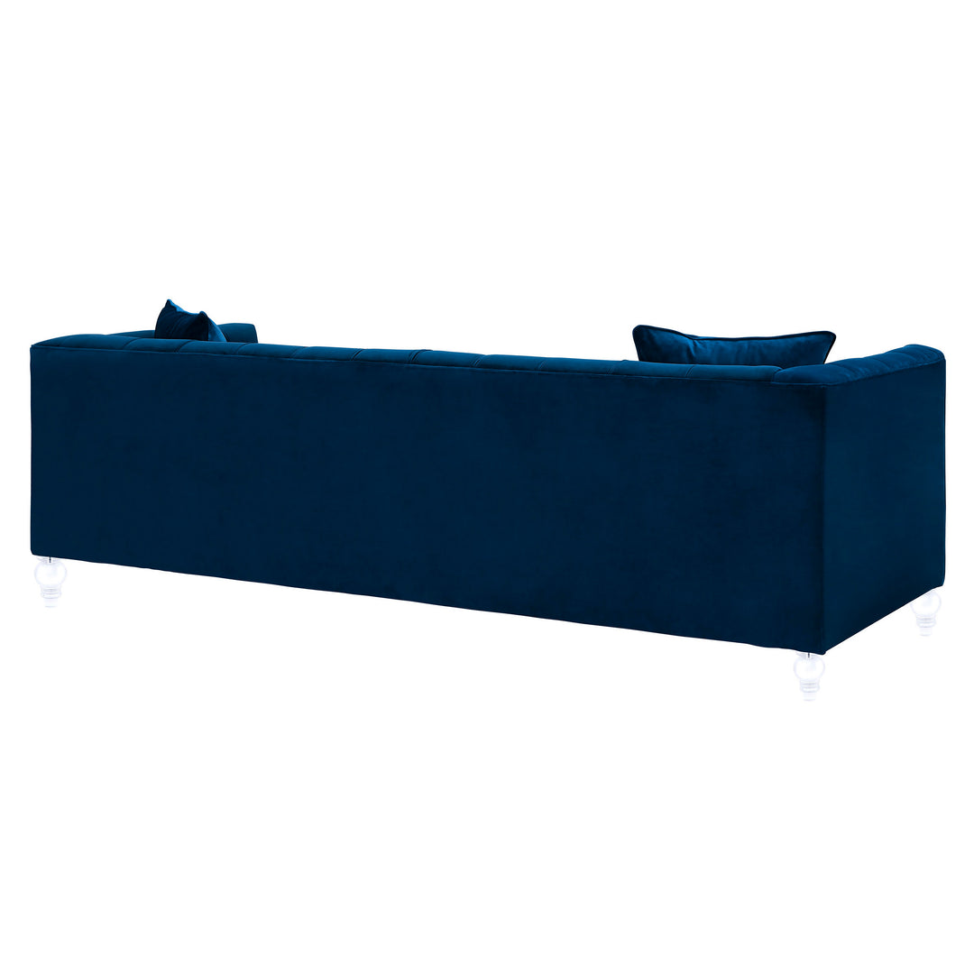 Sofá de terciopelo azul marino Halima de atrás.