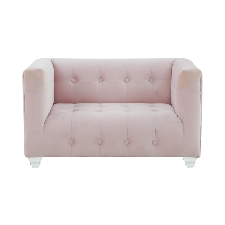 Sofá de terciopelo para mascota rosa Halima de frente.