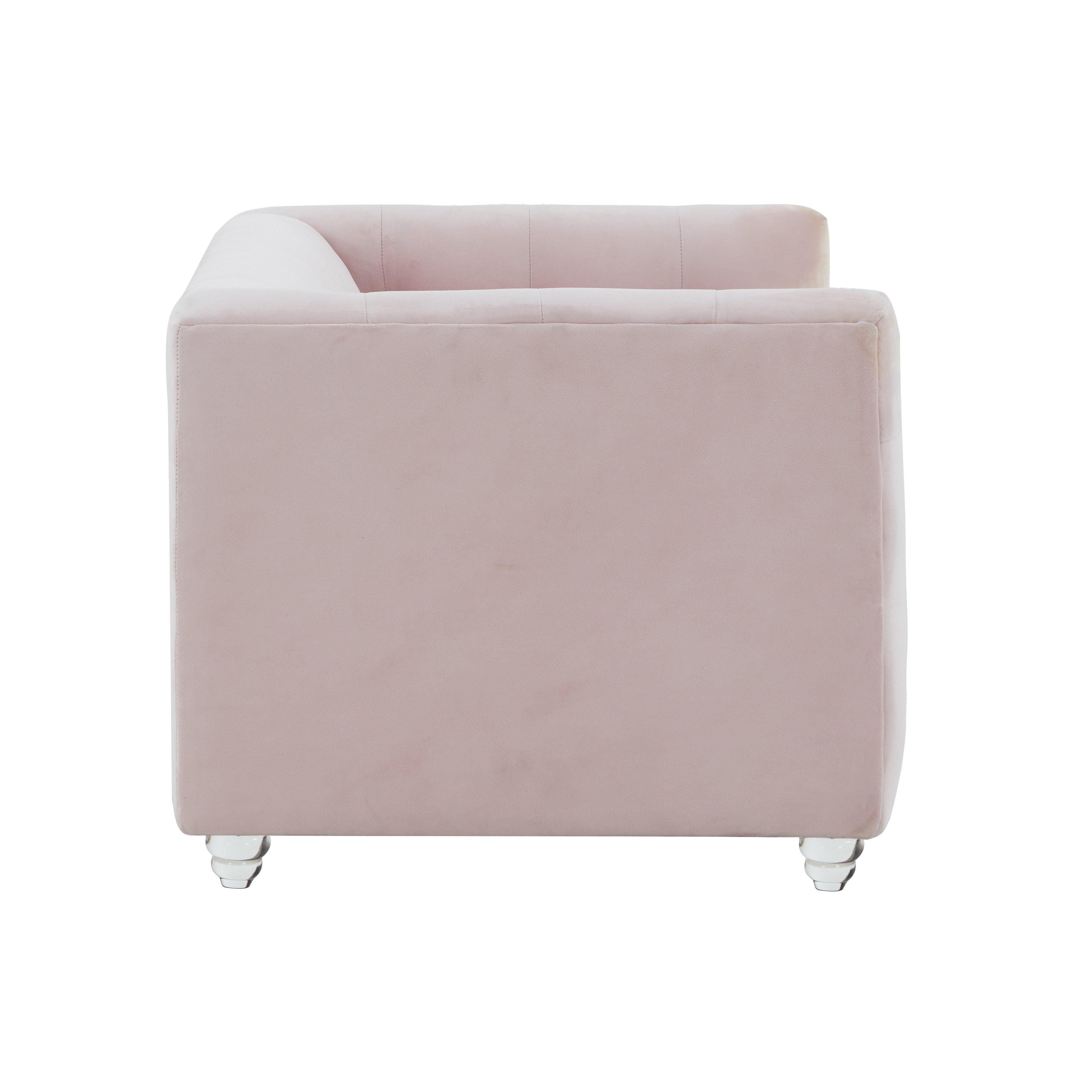 Sofá de terciopelo para mascota rosa Halima de lado.