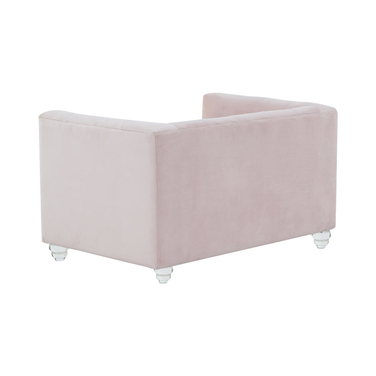 Sofá de terciopelo para mascota rosa Halima de atrás.