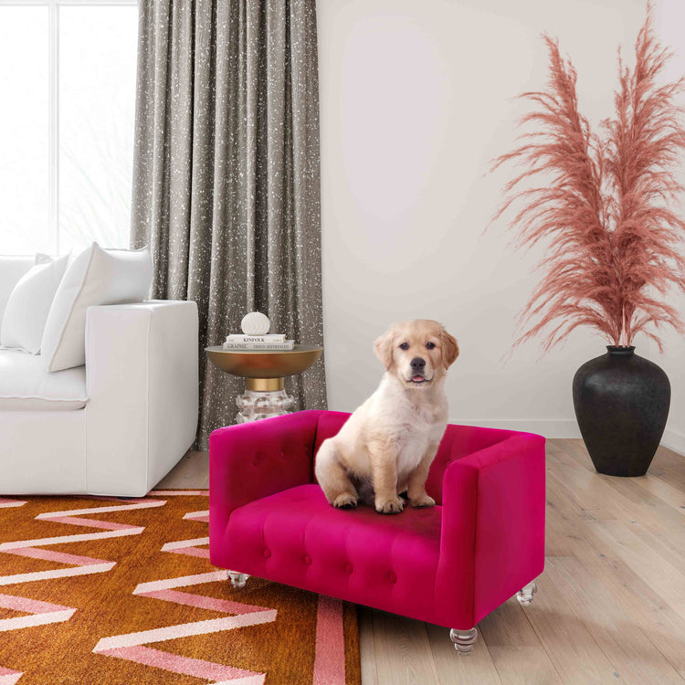 Sofá de terciopelo para mascota rosa ardiente Halima con una mascota.