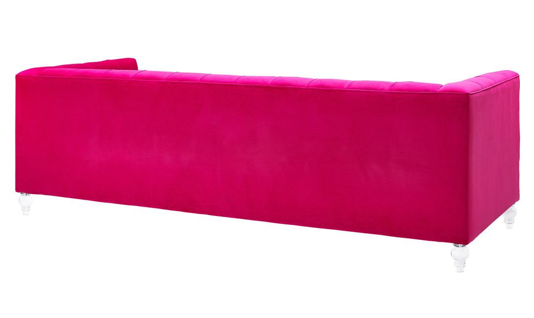 Sofá de terciopelo rosa ardiente Halima de atrás.