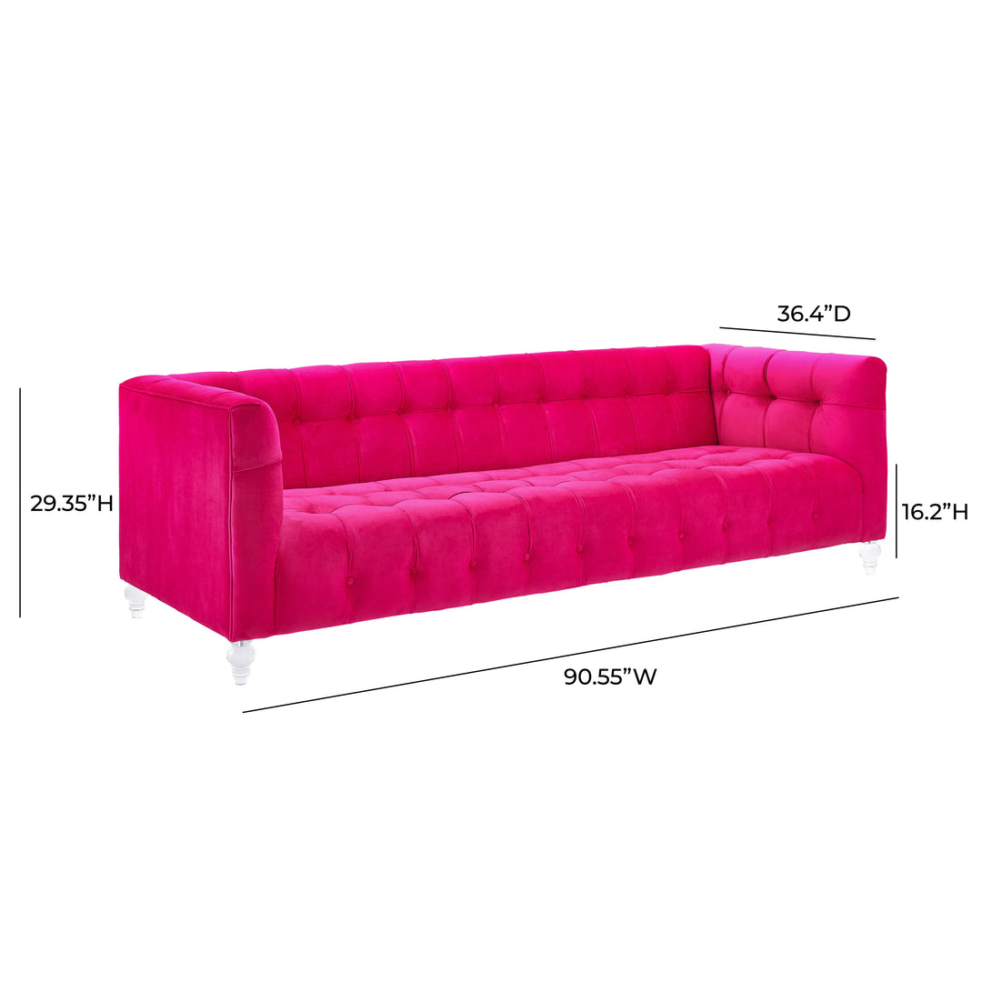 Sofá de terciopelo rosa ardiente Halima dimensiones.