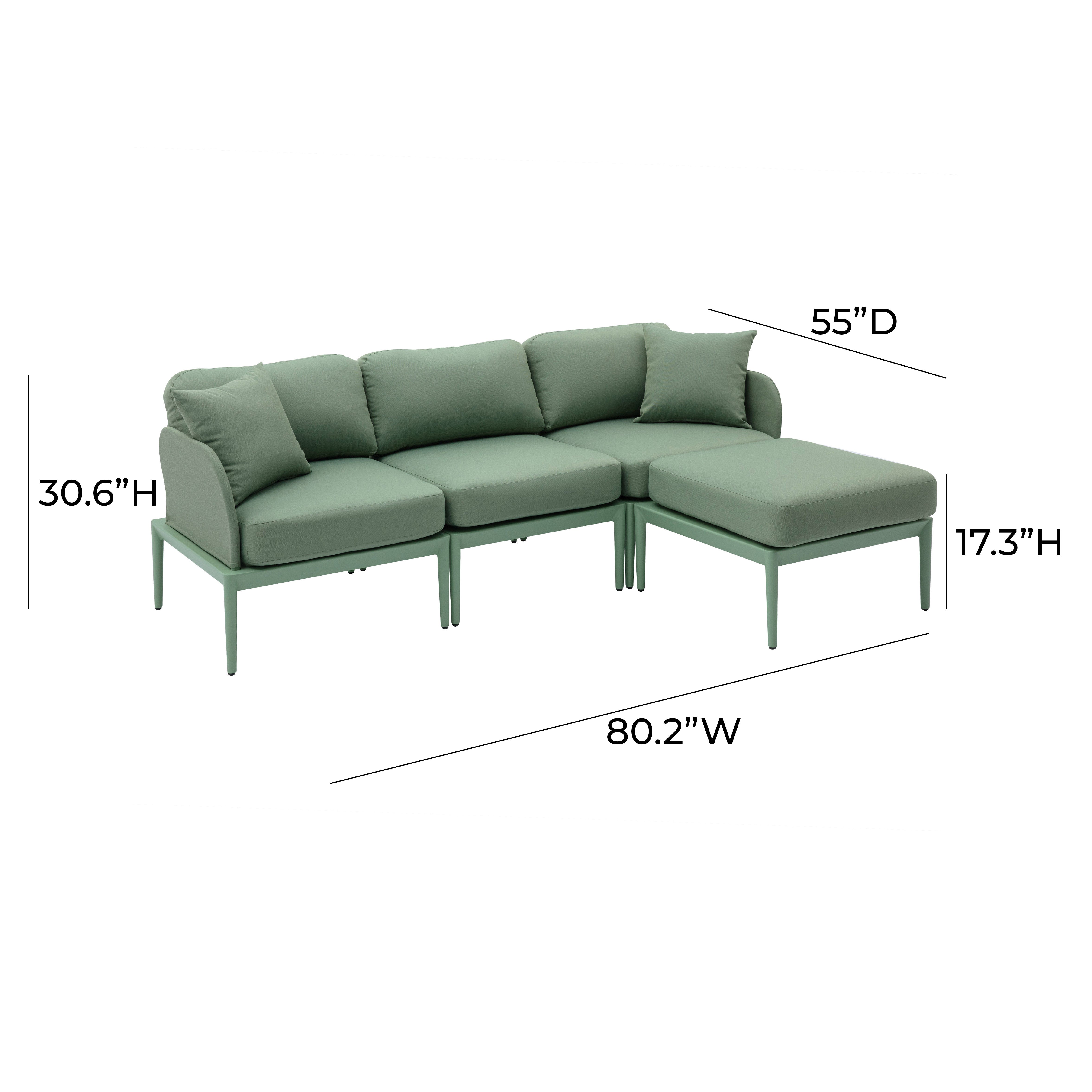 Sofá seccional de aluminio para exteriores Jade color verde dimensiones.
