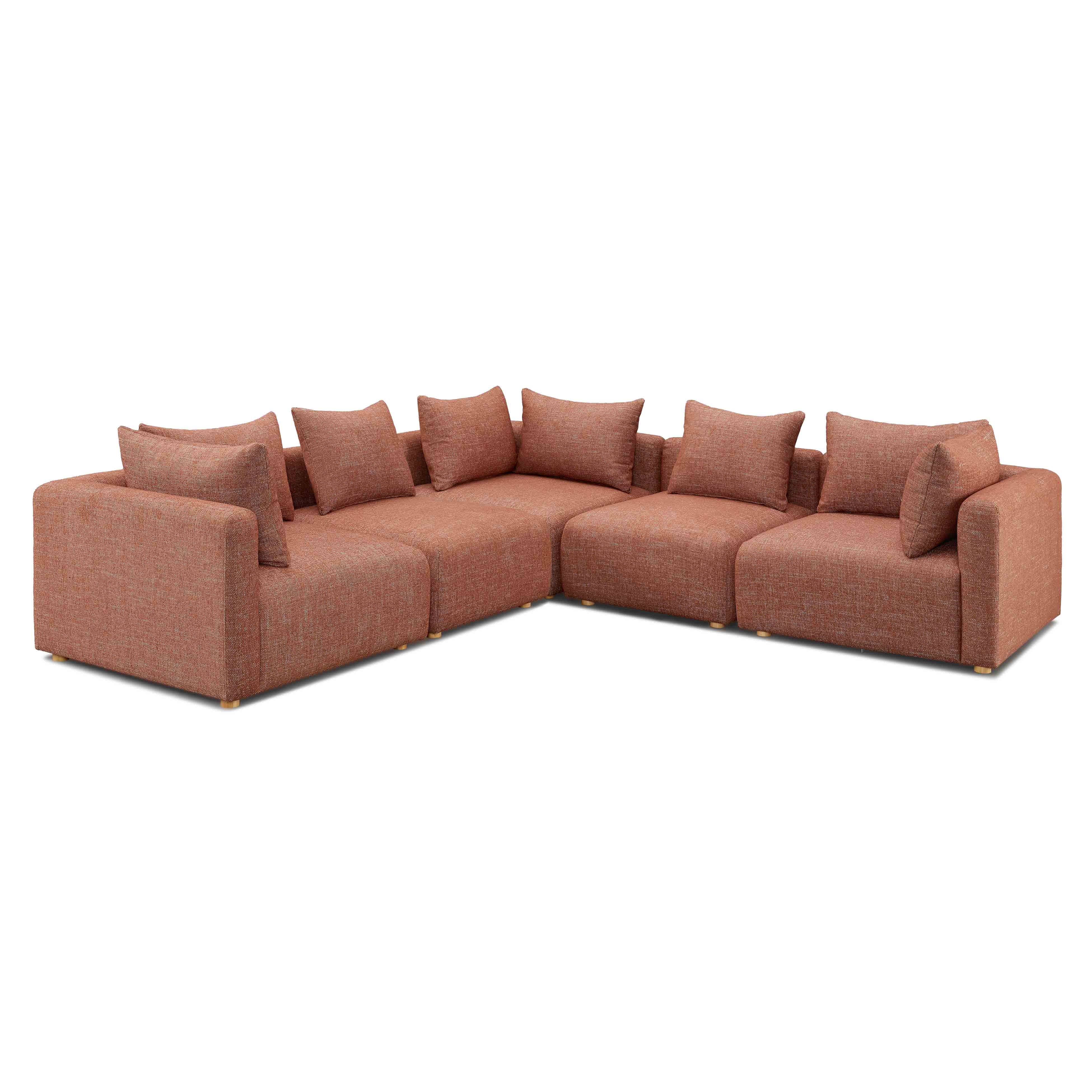 Sofá seccional modular de 5 piezas Emory de tela gruesa texturizada color rojo.