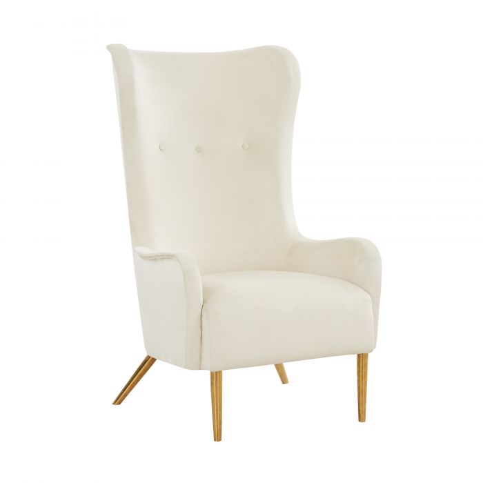 Sillón orejero alto de terciopelo Mounir SOMO-02 color de terciopelo crema con patas de acero inoxidable doradas.