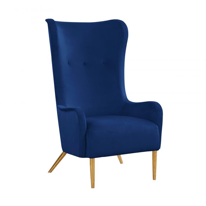 Sillón orejero alto de terciopelo Mounir SOMO-03 color de terciopelo azul marino con patas de acero inoxidable doradas.