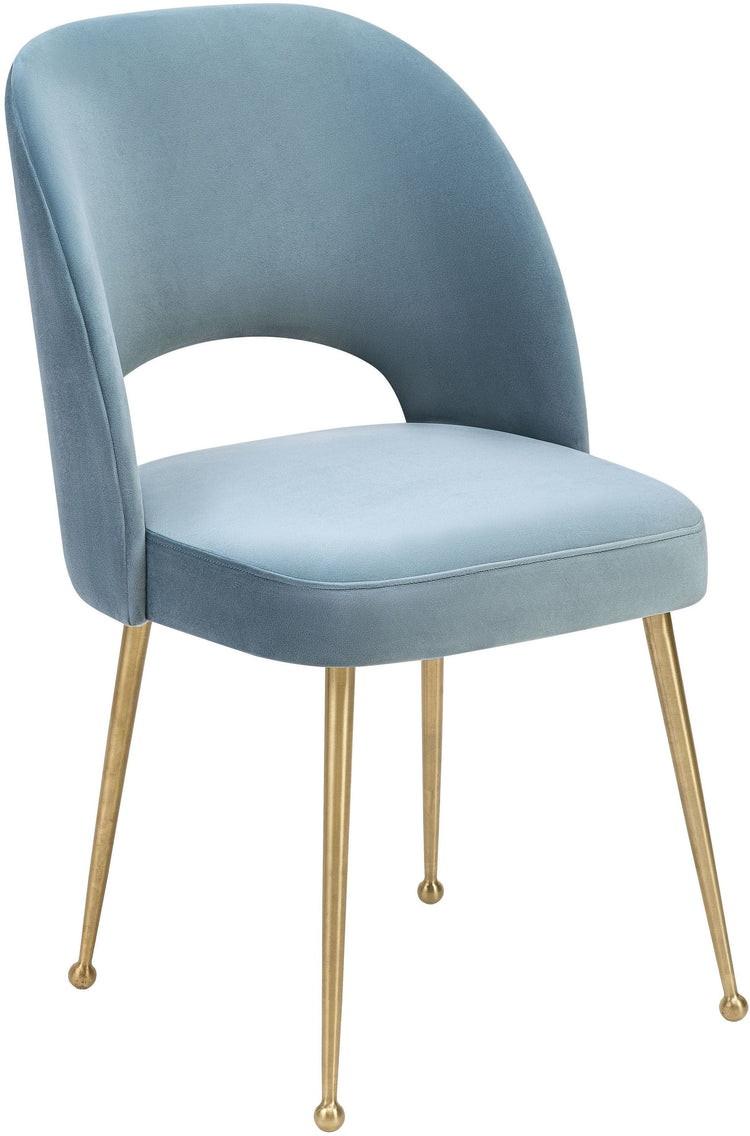 Silla para comedor de terciopelo moderno Zuara AZUA-04 color azul y base dorada.
