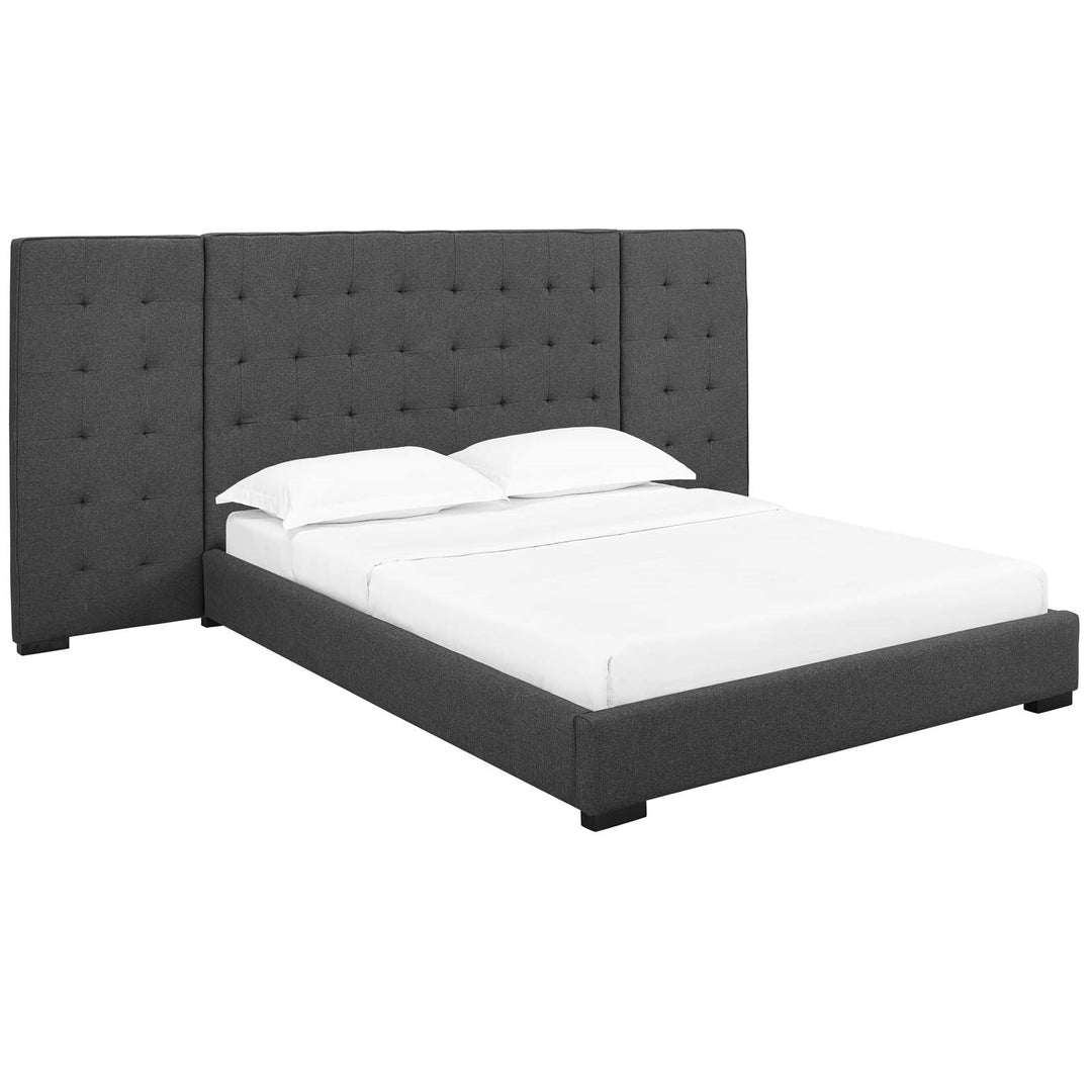 Cama Queen con plataforma tapizada en tela Nawal.