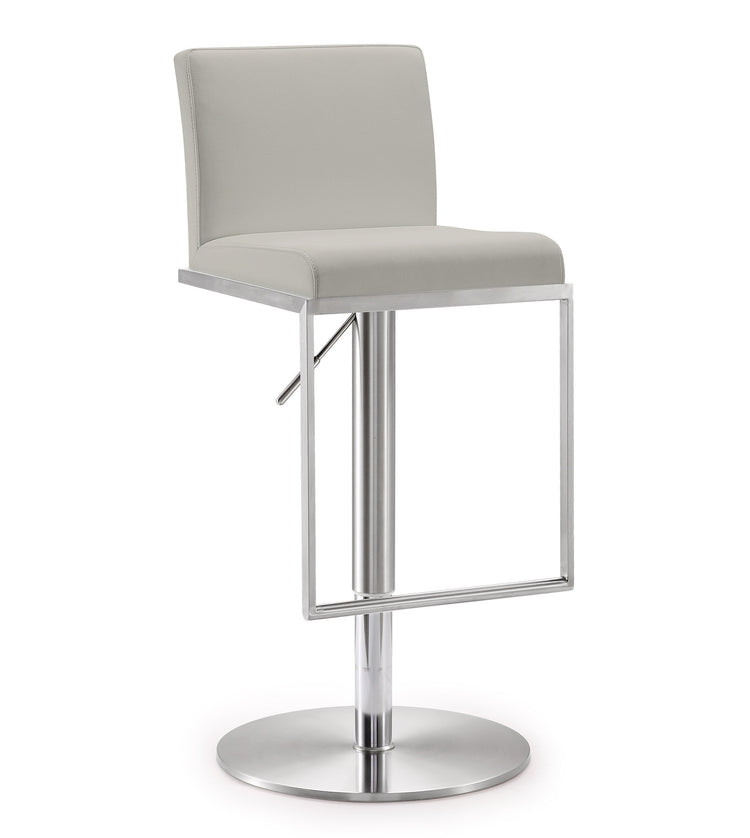 Banco para barra de cocina ajustable en acero inoxidable Driss NBBA-02 con piel vegana gris claro y una base de acero inoxidable.