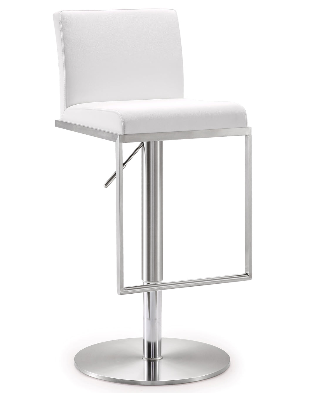Banco para barra de cocina ajustable en acero inoxidable Driss NBBA-03 con piel vegana blanco y una base de acero inoxidable.