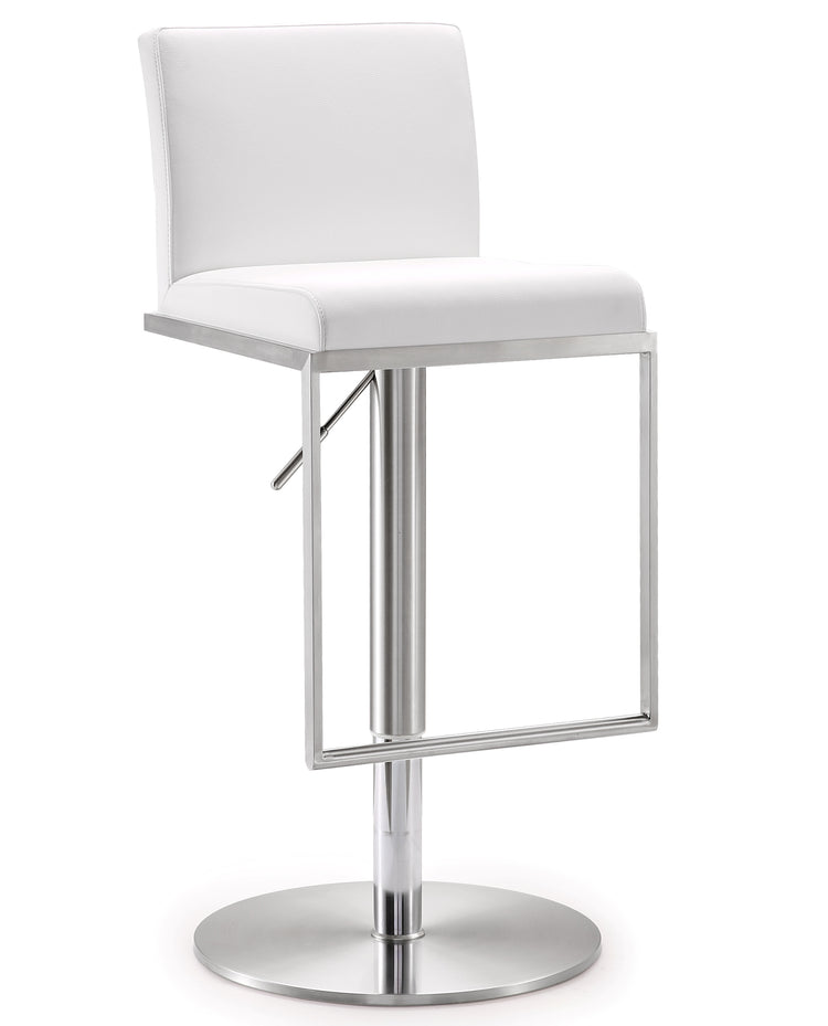 Banco para barra de cocina ajustable en acero inoxidable Driss NBBA-03 con piel vegana blanco y una base de acero inoxidable.