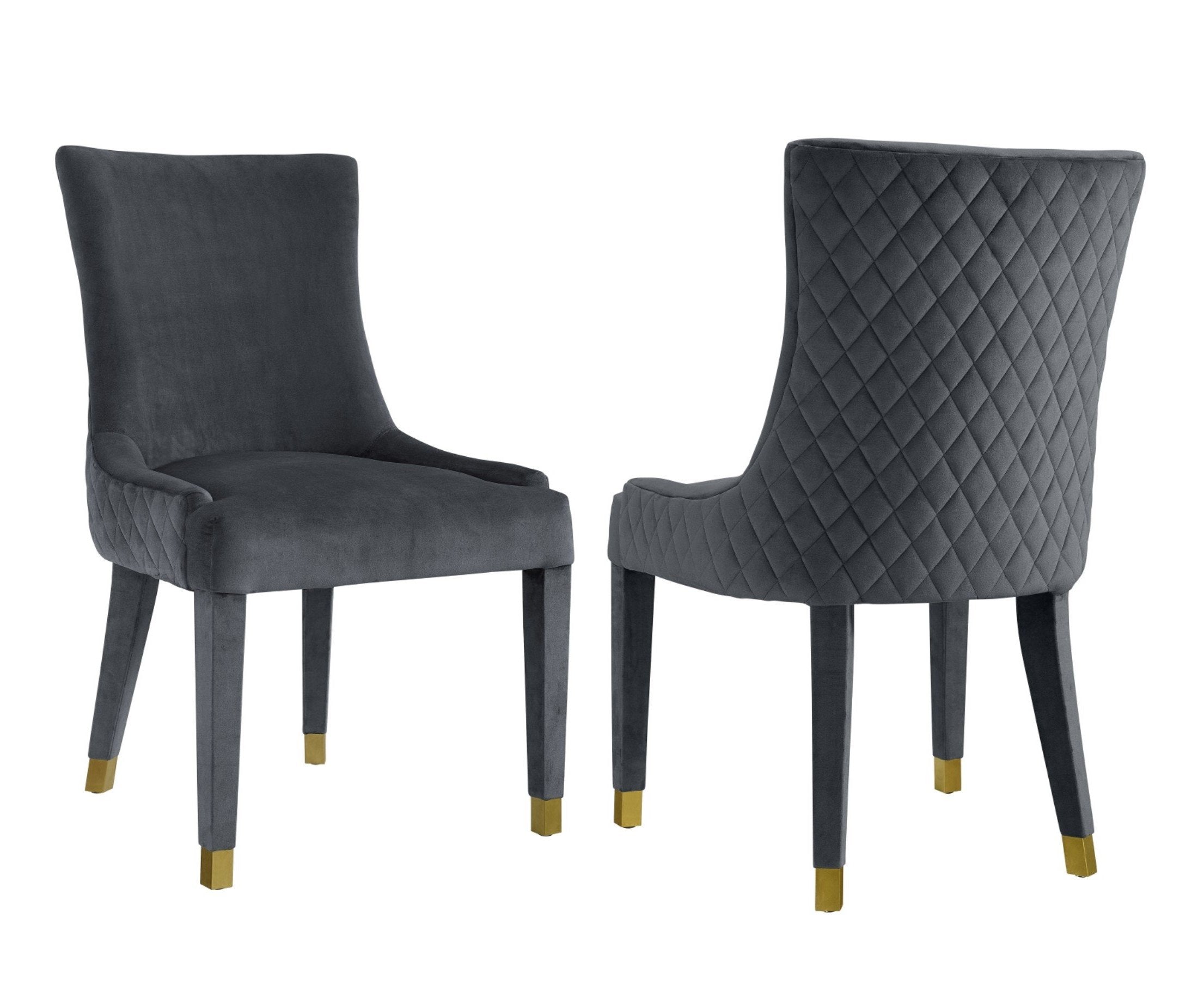 Silla de terciopelo con patrón de diamantes Lionel - juego de 2 color gris y puntas doradas.