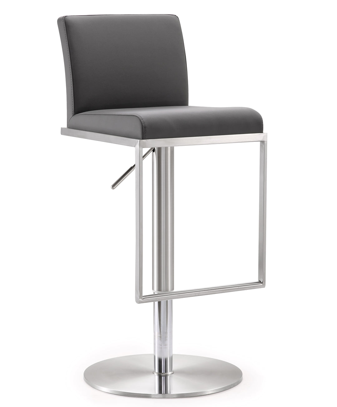 Banco para barra de cocina ajustable en acero inoxidable Driss NBBA-04 con piel vegana gris y una base de acero inoxidable.
