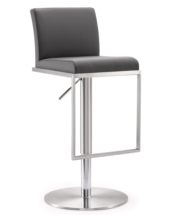Banco para barra de cocina ajustable en acero inoxidable Driss NBBA-04 con piel vegana gris y una base de acero inoxidable.