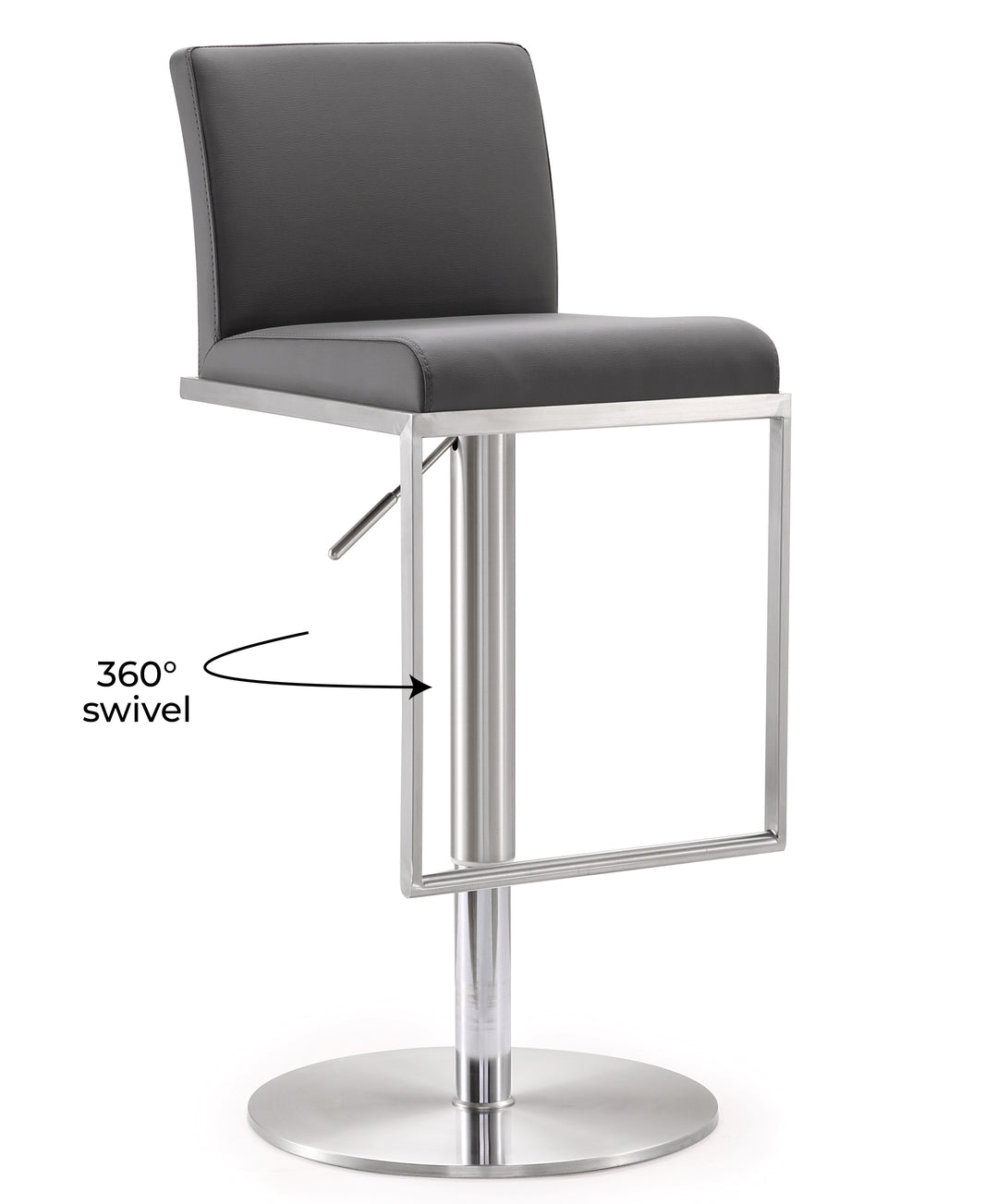Banco para barra de cocina ajustable en acero inoxidable Driss NBBA-05 con piel vegana negro y una base de acero inoxidable.