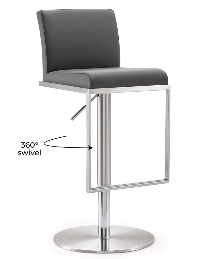 Banco para barra de cocina ajustable en acero inoxidable Driss NBBA-05 con piel vegana negro y una base de acero inoxidable.