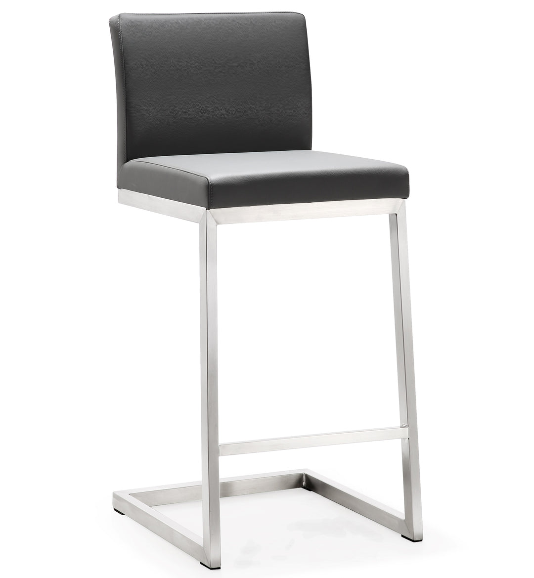 Banco para mostrador con respaldo moderno Irem - juego de dos BMIC-01 con asiento de piel vegana color gris y una base de acero inoxidable.