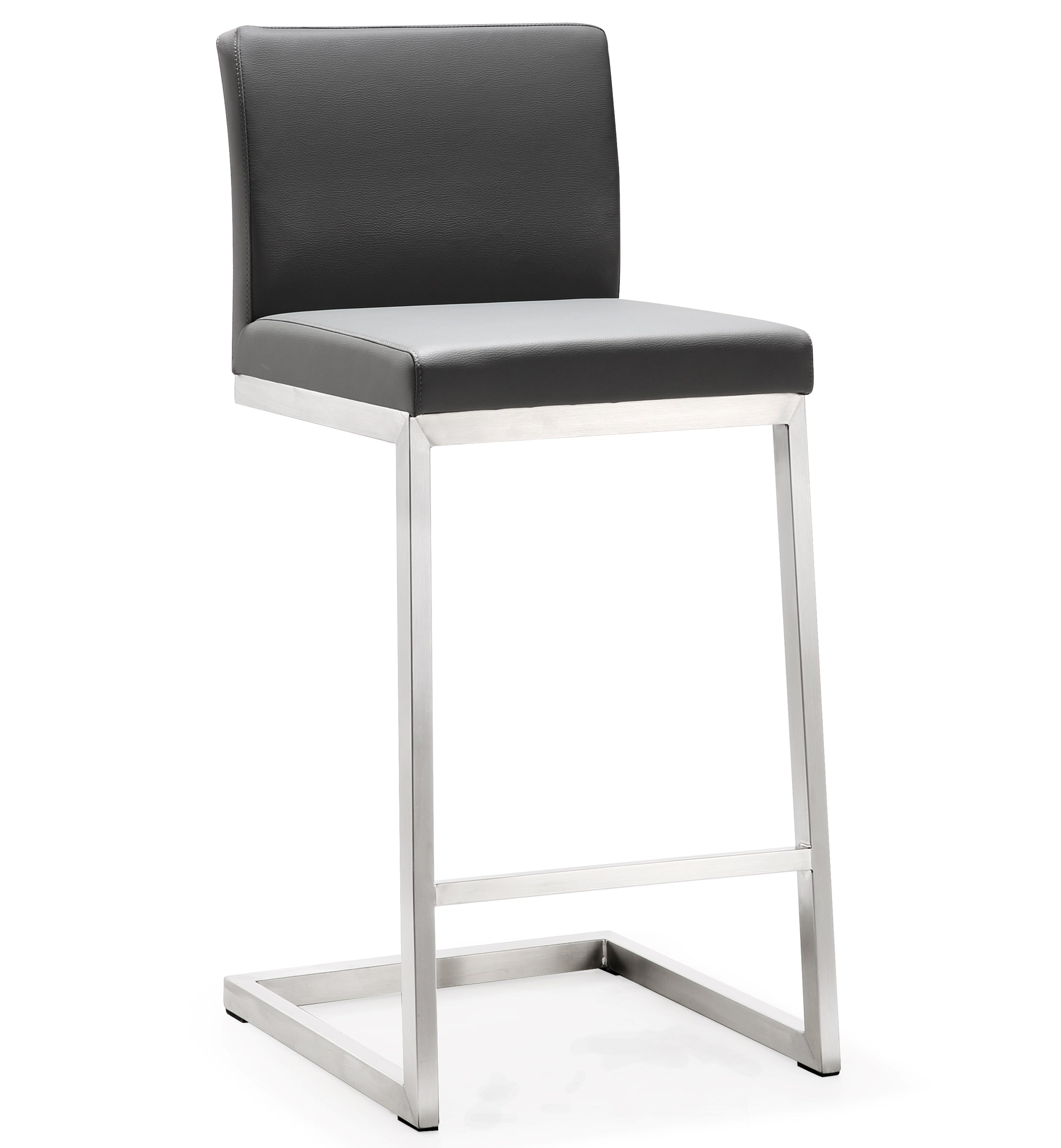 Banco para mostrador con respaldo moderno Irem - juego de dos BMIC-01 con asiento de piel vegana color gris y una base de acero inoxidable.