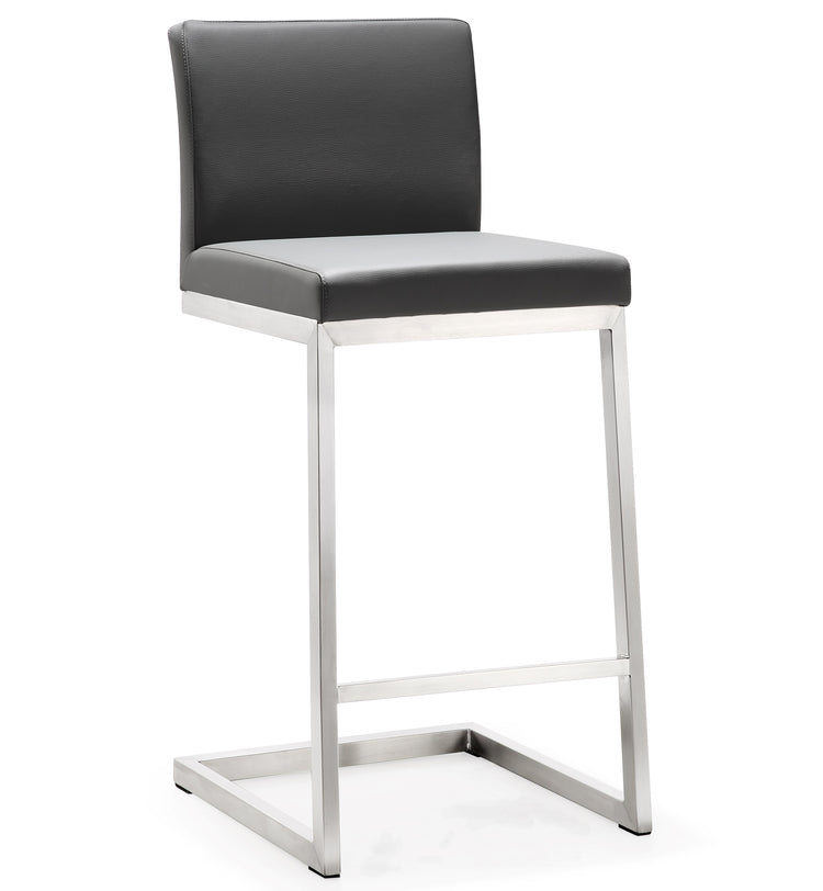 Banco para mostrador con respaldo moderno Irem - juego de dos BMIC-01 con asiento de piel vegana color gris y una base de acero inoxidable.