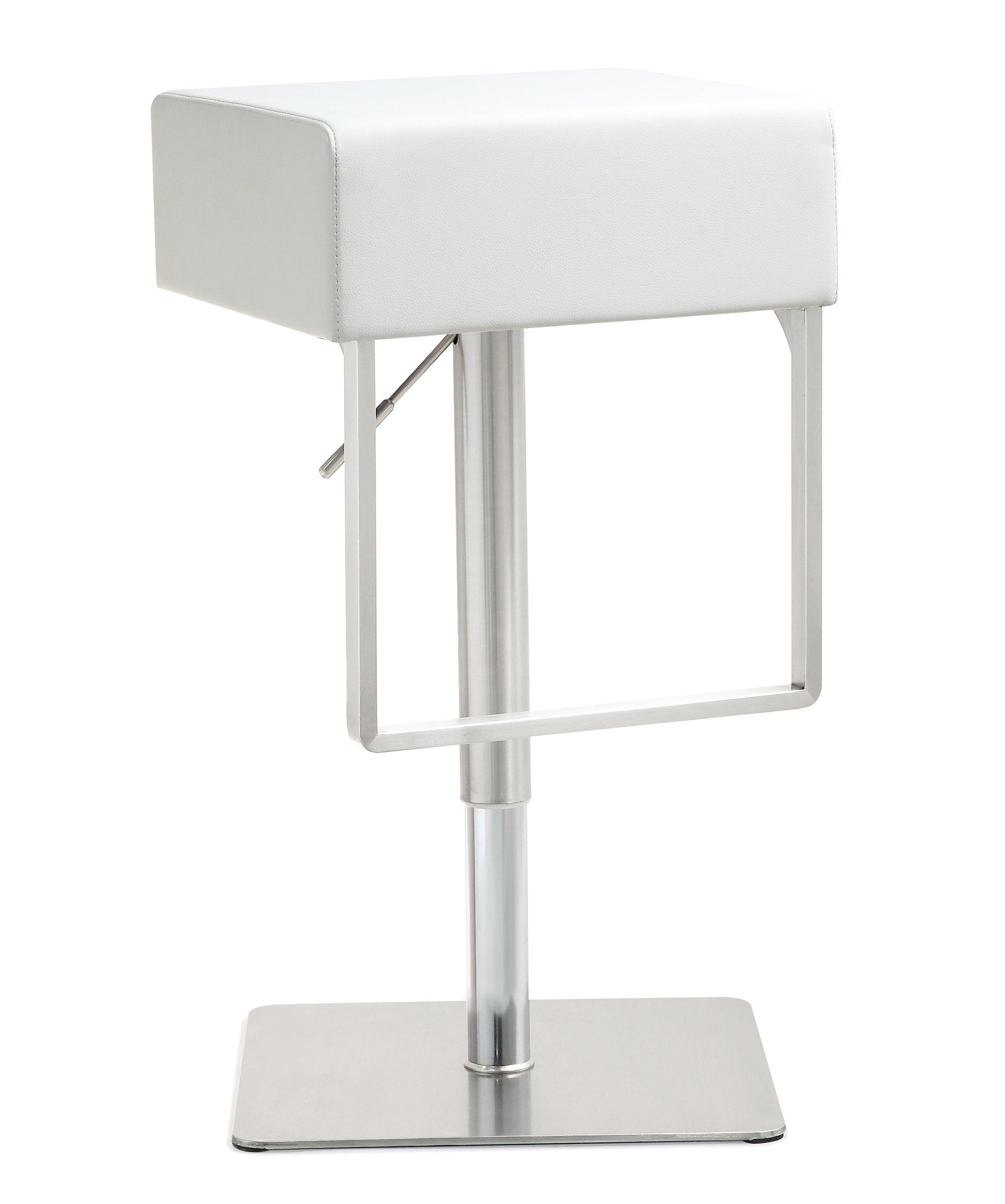 Banco para barra moderno ajustable de acero inoxidable Tren TRNG-02 con asiento tapizado en cuero vegano blanco y base de acero inoxidable.