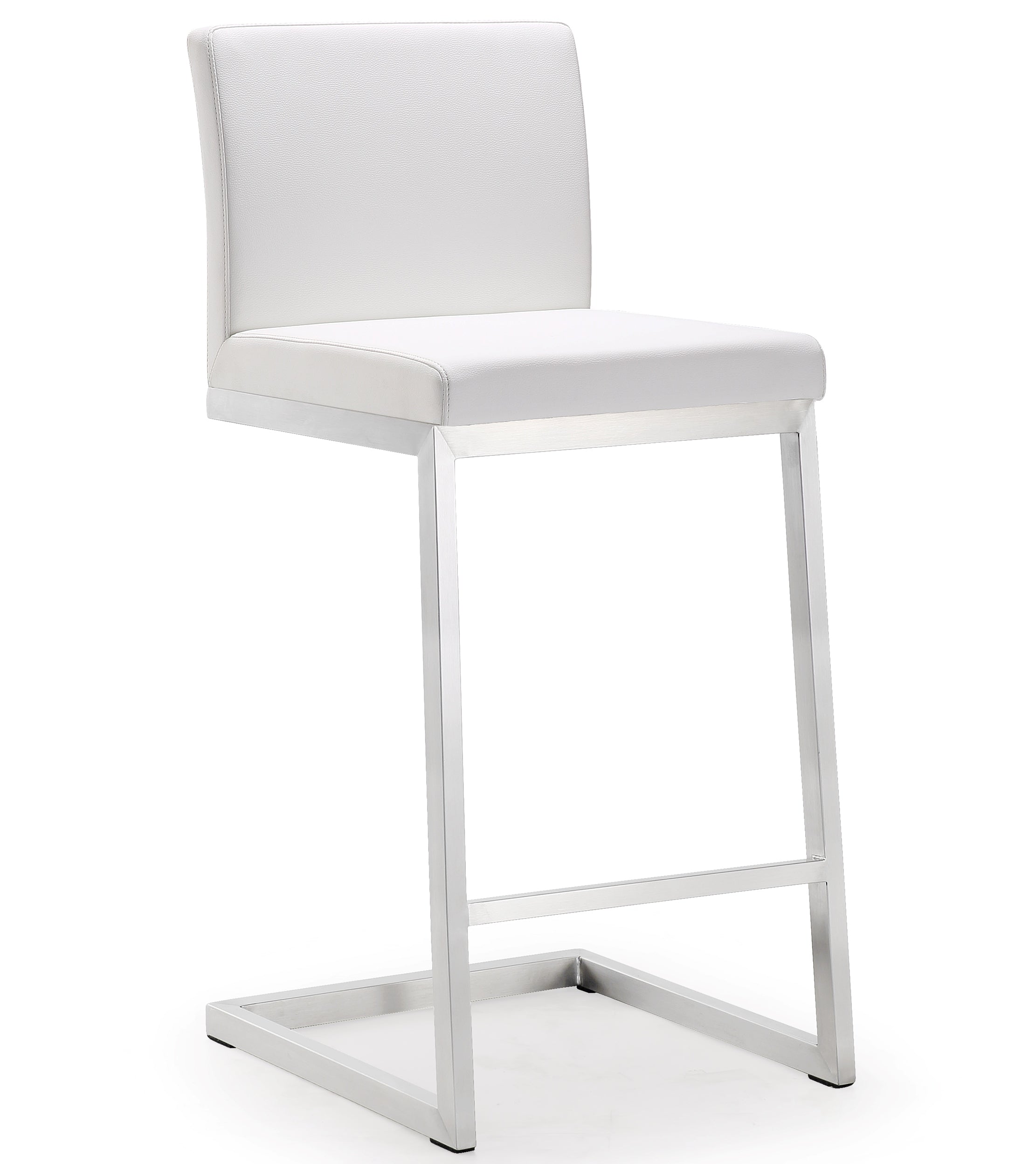 Banco para mostrador con respaldo y base de acero inoxidable Irem - juego de dos BMIC-02 con asiento de piel vegana color blanco y una base de acero inoxidable.