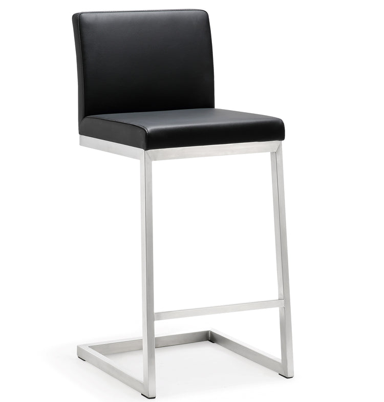 Banco para mostrador con respaldo y base de acero inoxidable Irem - juego de dos BMIC-04 con asiento de piel vegana color negro y una base de acero inoxidable.