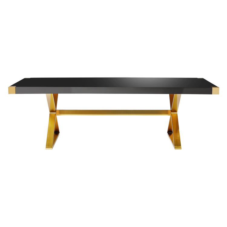 Mesa de comedor para diez negro brilloso con dorado Jackie de frente.