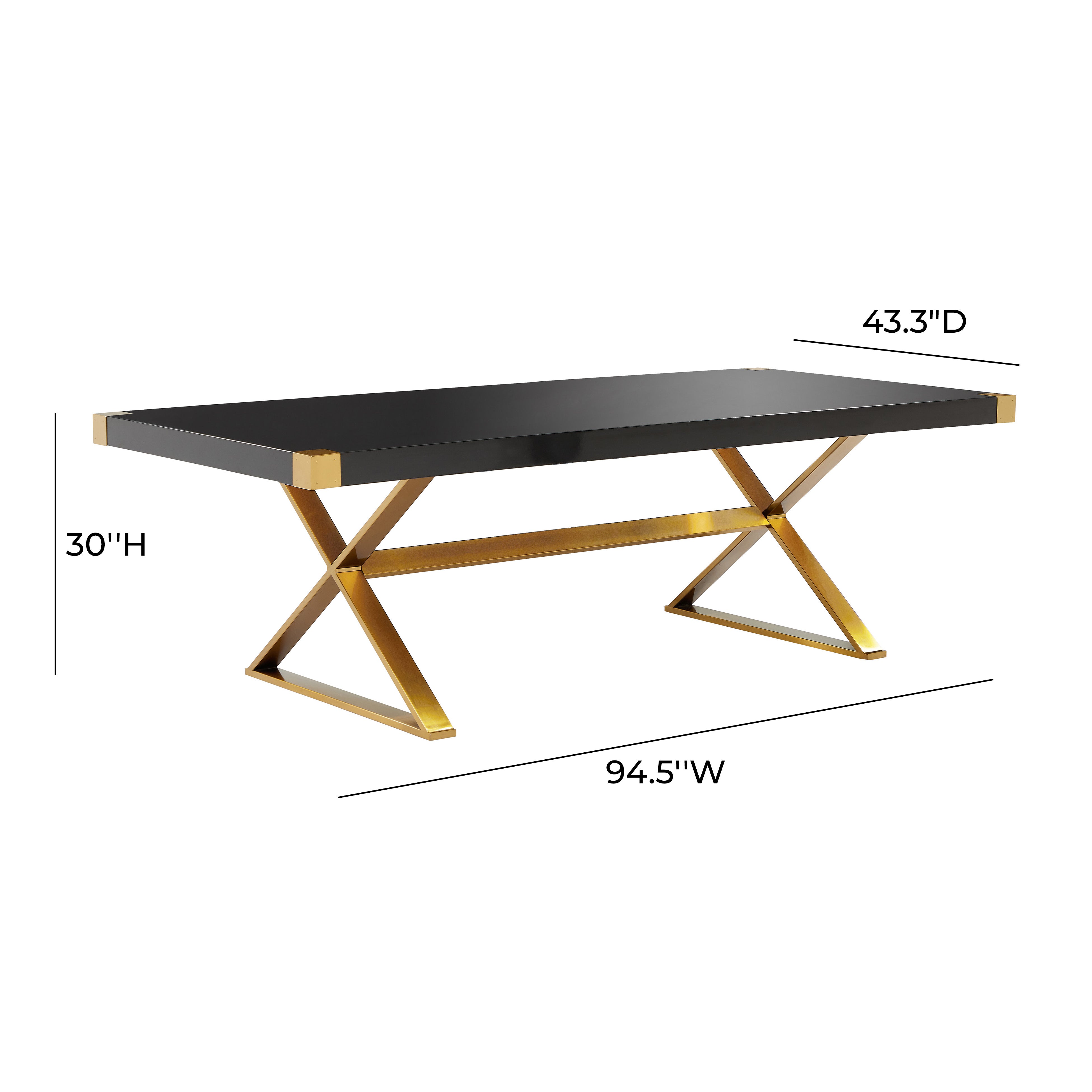 Mesa de comedor para diez negro brilloso con dorado Jackie dimensiones.