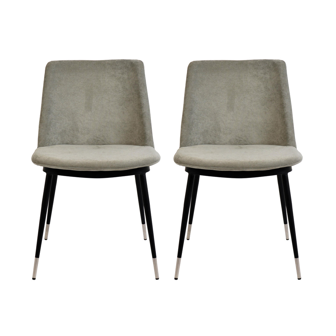 Sillas de terciopelo para comedor modernas Elisa - juego de dos SCLE-01 color del terciopelo gris texturizado y base de metal negra con puntas grises.