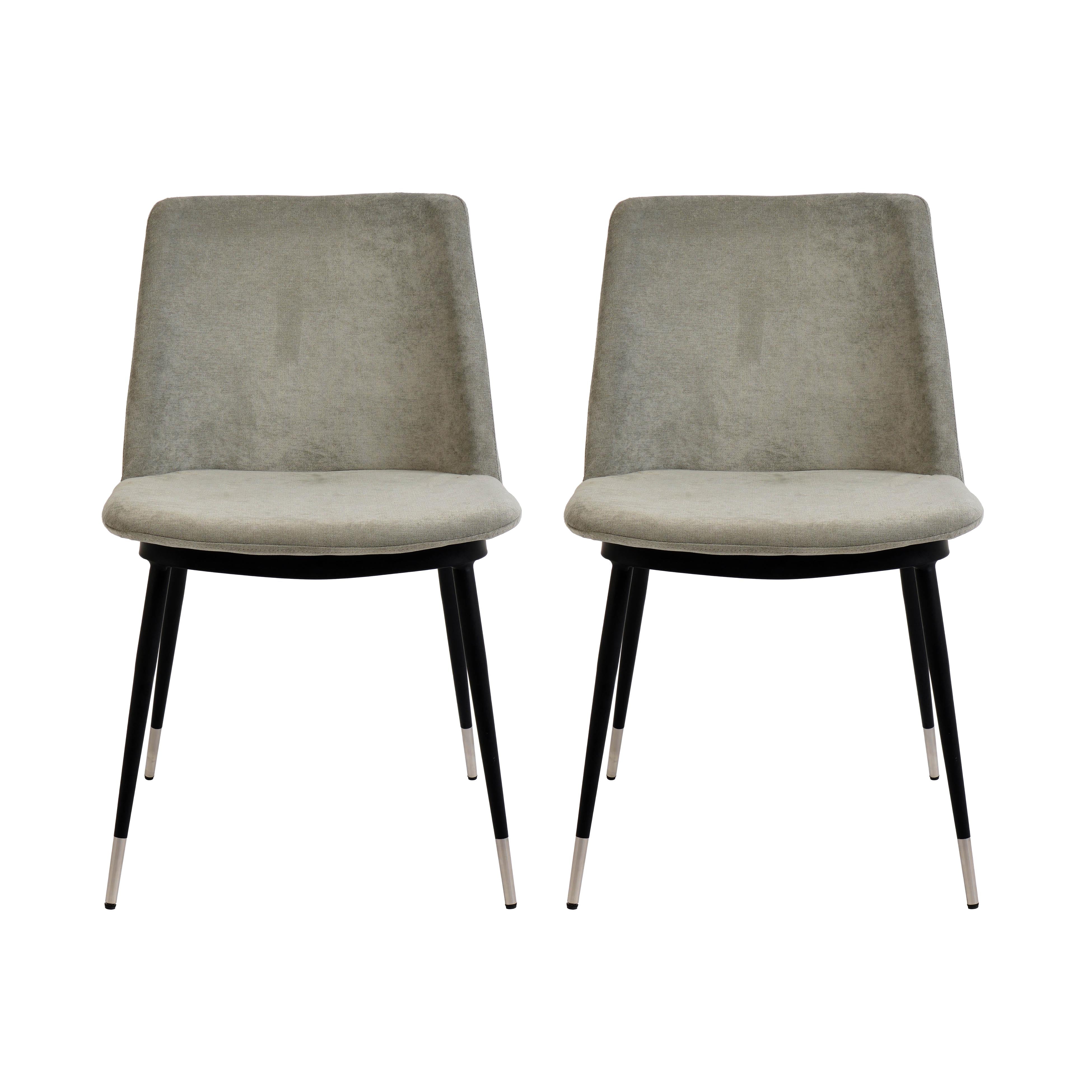 Sillas de terciopelo para comedor modernas Elisa - juego de dos SCLE-01 color del terciopelo gris texturizado y base de metal negra con puntas grises.