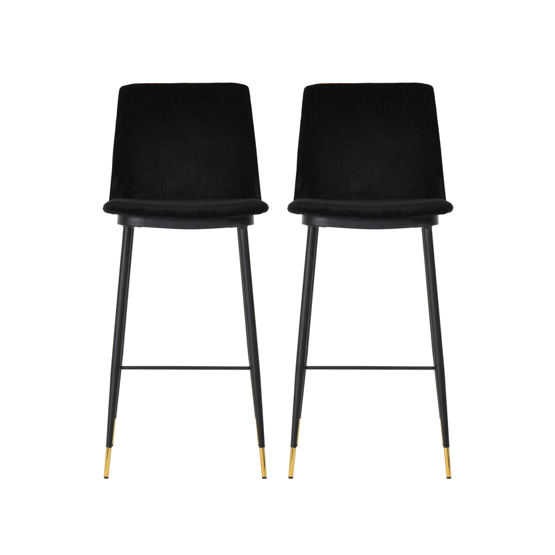 Banco de mostrador de terciopelo Elisa - juego de dos BCLE-01 con asiento de terciopelo color negro y una base negra con puntas doradas.