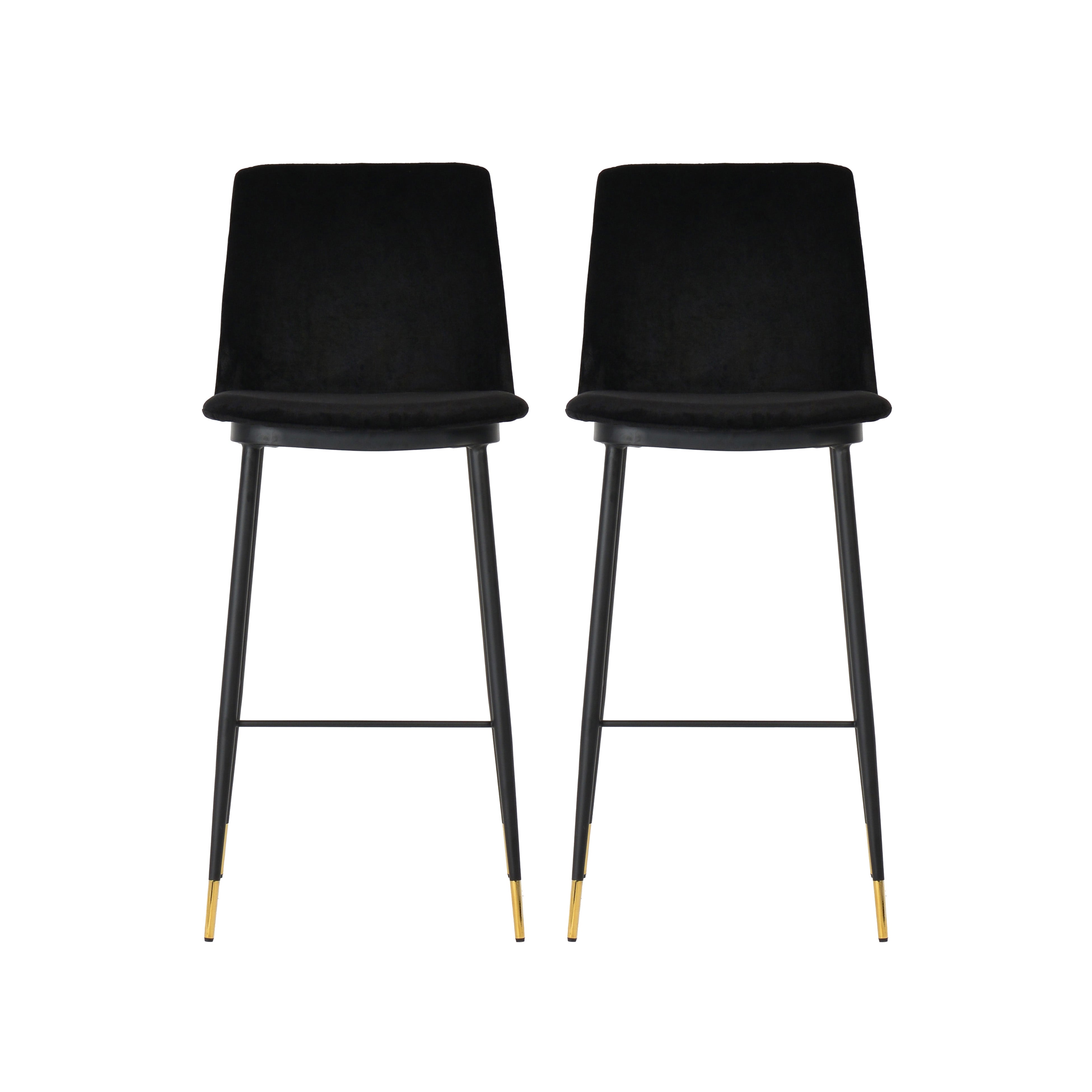 Banco de mostrador de terciopelo Elisa - juego de dos BCLE-01 con asiento de terciopelo color negro y una base negra con puntas doradas.
