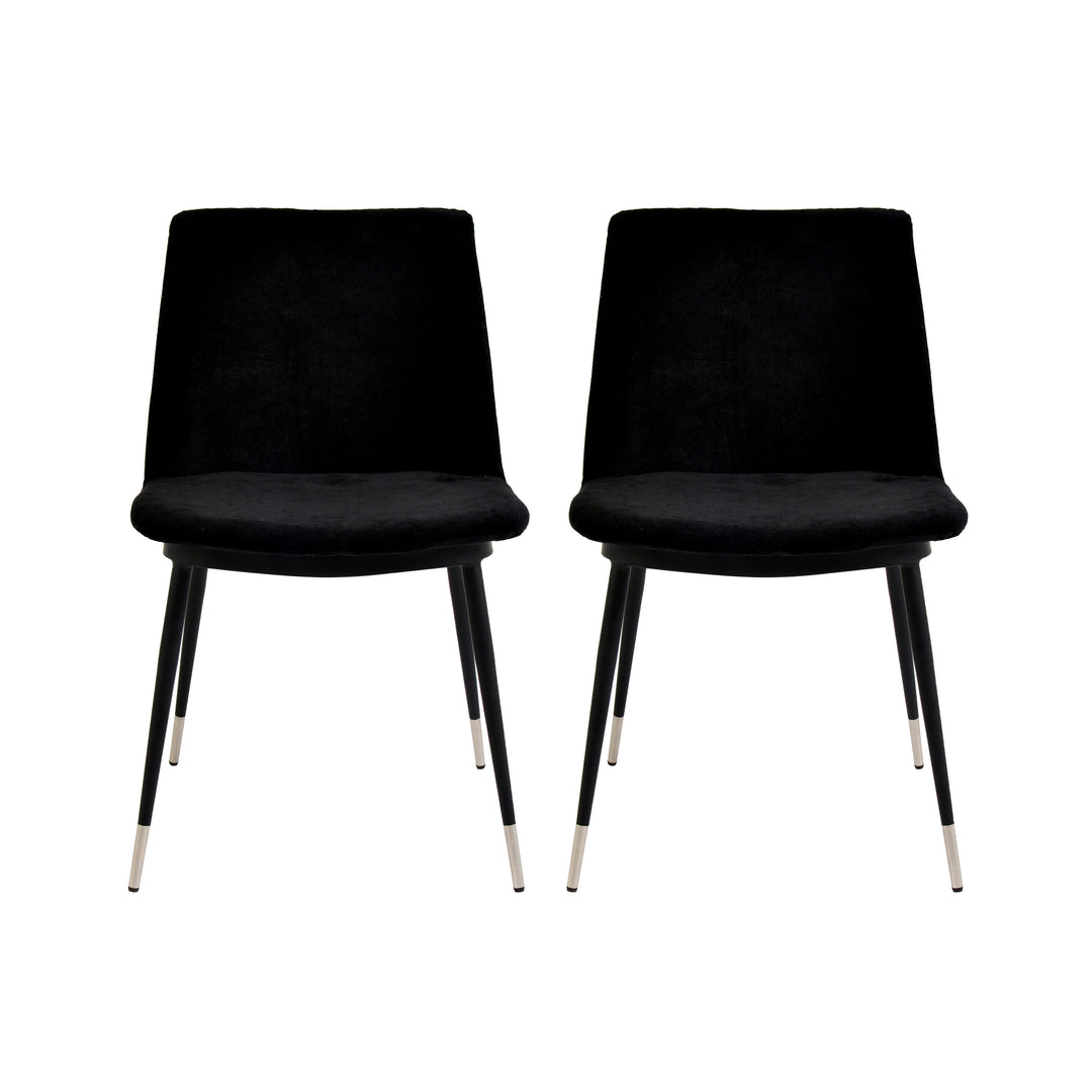 Sillas de terciopelo para comedor modernas Elisa - juego de dos SCLE-02 color del terciopelo negro y base de metal negra con puntas grises.