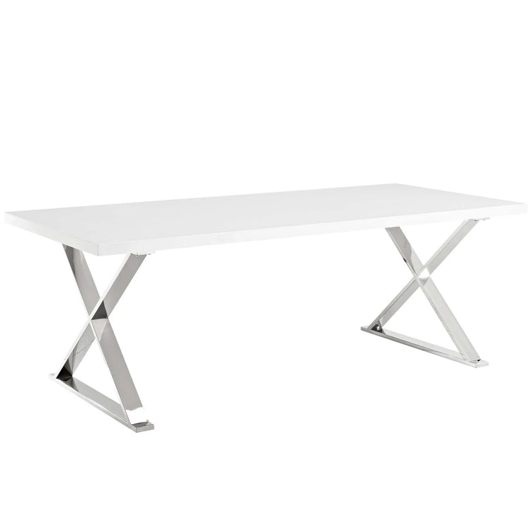 Comedor moderno blanco con base en acero inoxidable Helia.