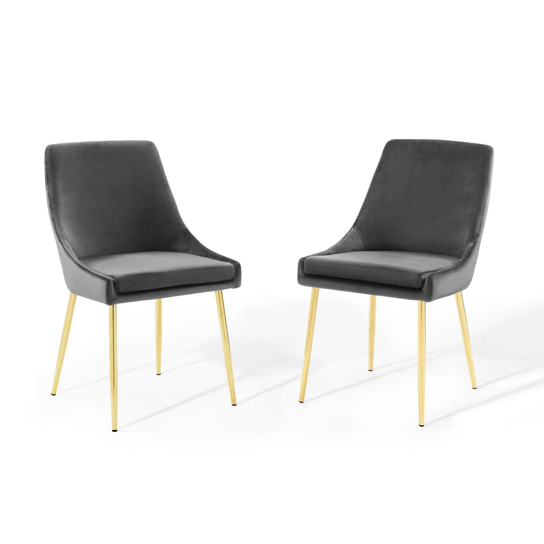 Sillas de comedor de terciopelo con base dorada Eviv - juego de dos EVVI-03 color de terciopelo gris oscuro y base de acero inoxidable dorado.
