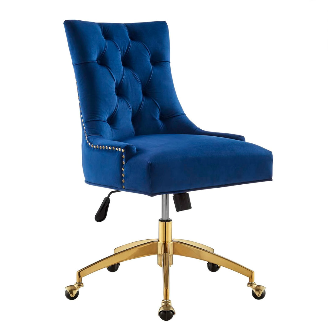 Silla de oficina moderna de terciopelo sin descansabrazos y base dorada 360 Mahdia - Color azul marino MAHN-04.