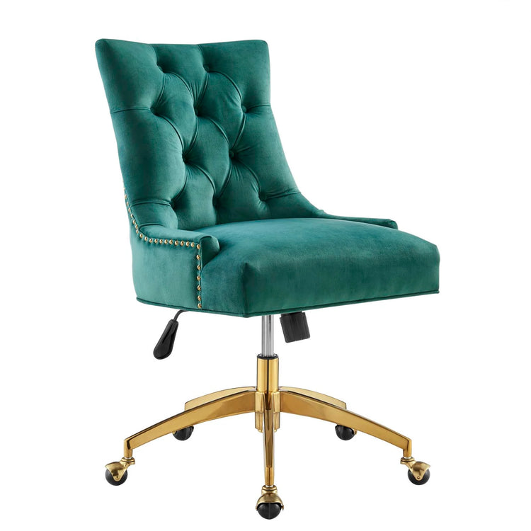 Silla de oficina moderna de terciopelo sin descansabrazos y base dorada 360 Mahdia - Color verde azulado MAHN-05.