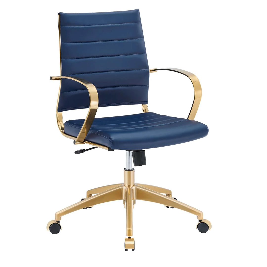 Silla para escritorio moderna ergonómica azul con base de acero inoxidable dorado Izzy respaldo medio AIZZ-03.
